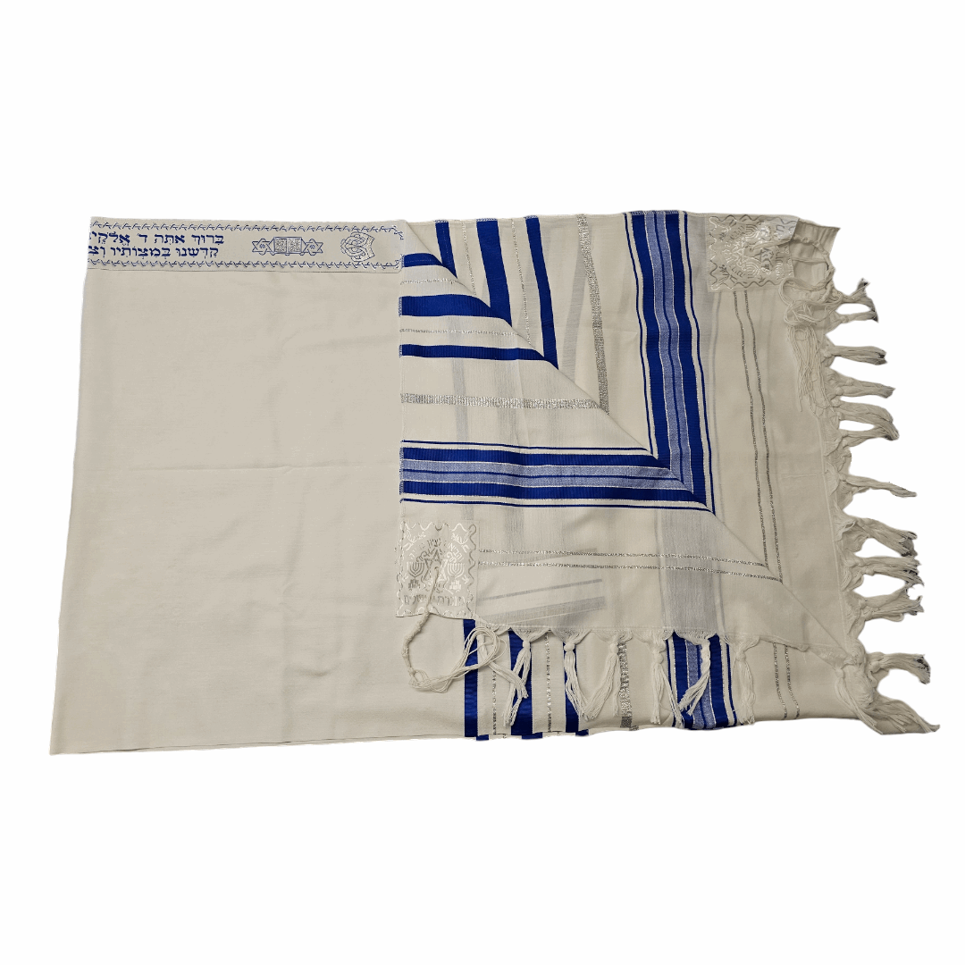 Talit Gadol Acrilan Blanco con Azul y Plateado