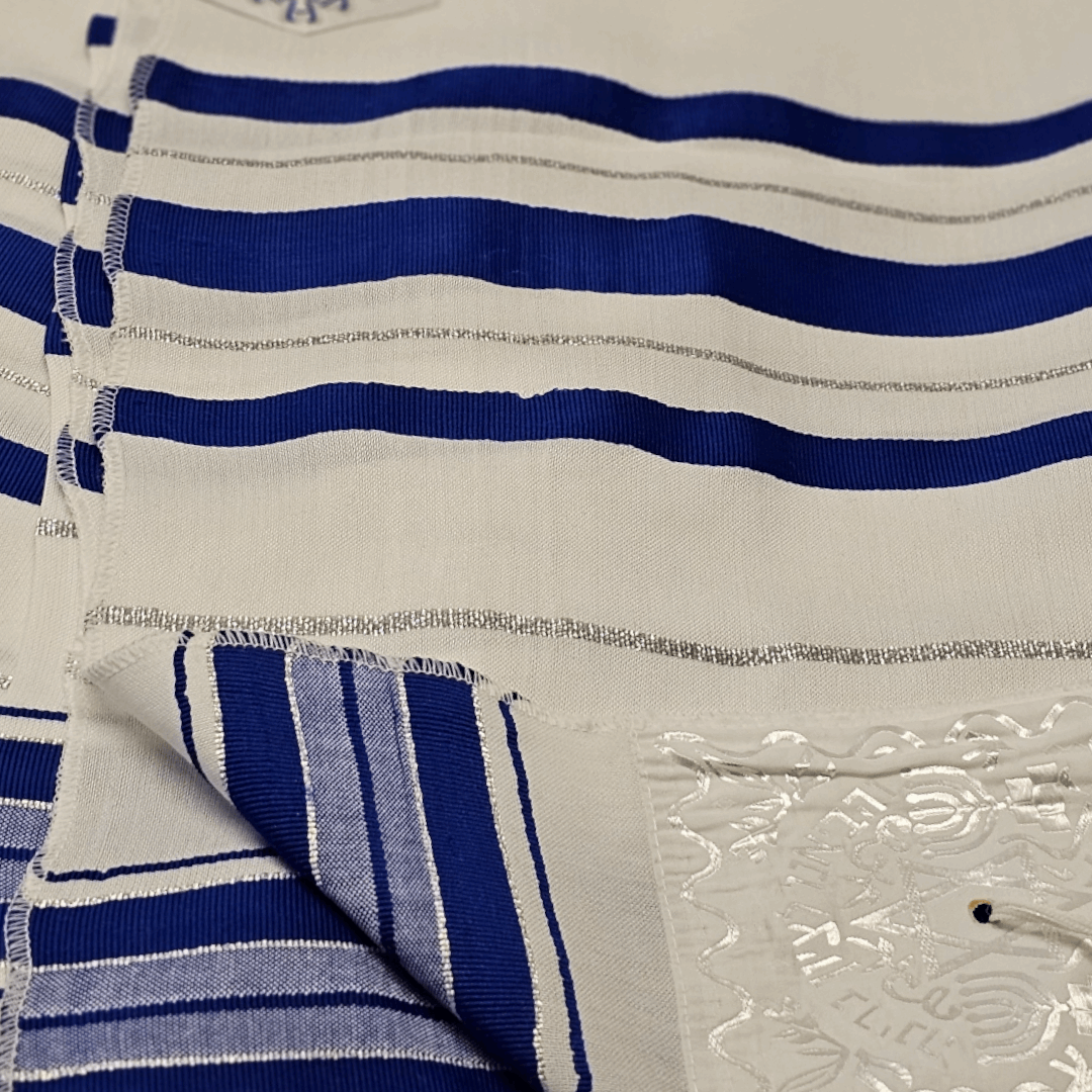 Talit Gadol Acrilan Blanco con Azul y Plateado